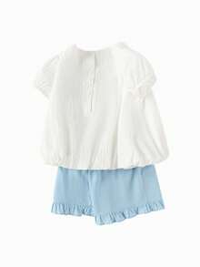Balabala Children's Set Girls' Short Sleeve Two Pieces Set 2025 Fresh Cute - White and Blue - View 2