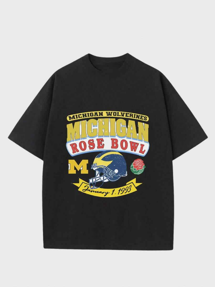 Para hombre,Camisa de T de Michigan Wolverines en el Rose Bowl - Estilo Deportivo y Universitario,Camiseta casual de cuello redondo y manga corta con estampado,adecuada para uso diario en primavera y verano,unisex - Negro - Ver 1