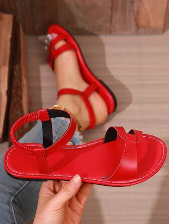 女士时尚优雅弹力后跟平底凉鞋，休闲百搭，红色别致平底凉鞋，白色休闲沙滩凉鞋，粉色少女优雅弹力平底凉鞋，黑色百搭几何前带纯色平底凉鞋