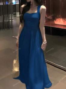 Vestido elegante de dama de honor de línea A con cordones ajustados, sin mangas, unicolor, para fiesta, graduación, midi, para mujer en primavera y verano, de Francia