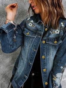 Floral Embroidery Women's Single Breasted Casual Denim Jacket, Autumn Spring Vacation - Light Wash - View 5