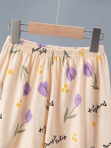 2pcs/Set Conjunto de Pijama para Niñas con Top de Manga Corta & Pantalones Cortos, Estampado de Tulipanes, Ligero - Multicolor - Ver 8