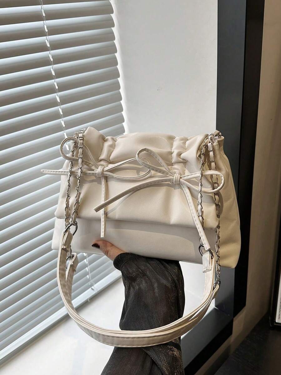 Bolso de hombro con lazo negro decorativo, plisado, con cierre de cremallera y material de PU. Con correa de hombro ajustable, adecuado para atuendos de uso diario - Beis - Ver 1