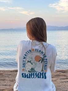 Ladies' Summer Slogan Palm Tree Printed Round Neck Shoulder Sleeves Loose Casual T-Shirt Graphic Tees Women White Top Black Top Pink Top Vacation - White - View 4