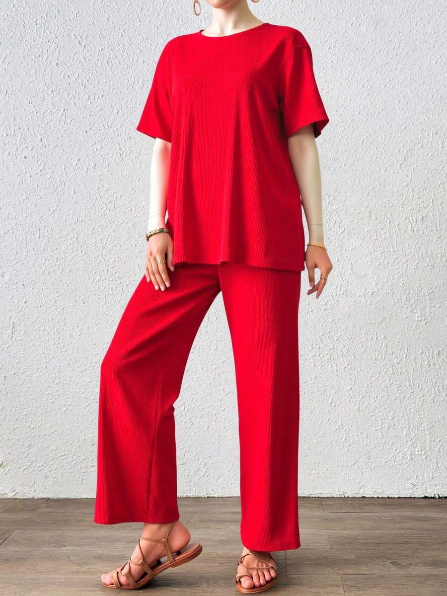 Set dos piezas panatalon holgado comodo top playera dama mujer manga corta cómodo holgado diario casual suelto conjunto fresco chic versátil - Rojo - Ver 1