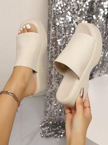 女士一脚蹬平底凉鞋，平底露趾鞋，夏季新款厚底休闲舒适鞋，一脚蹬拖鞋，弹力面料方头鞋，纯色沙滩拖鞋，复古厚底人字拖 - 白色 - 查看 2