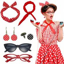 1950s Vintage Party Accessory Set For Women, Including Red Polka Dot Headband, Chiffon Scarf, 6pcs Polka Dot Earrings, Cat Eye Glasses, Beaded Necklace And Bracelet, Suitable For Holiday Parties - Red - View 5
