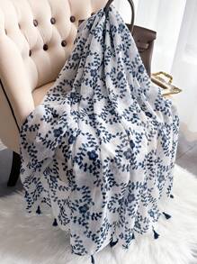 1pc Boho Beach Accessories Plants Print Hijab Tassel Scarf Casual Outdoor Sunscreen Windproof Beach Towel Winter Fall