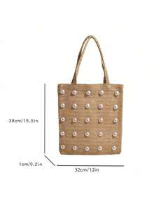 新款时尚镂空手提包，编织包，沙滩包，旅行度假观光包，珍珠包 - 卡其色 - 查看 10