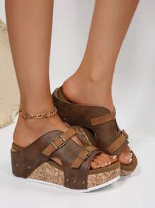2025 Summer New European & American Fashion Double Buckle Rivet Decor Plus Size Wedge Heel Thick Sole Sandals