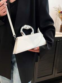 长款不对称金属手柄包，女士斜挎包，纯色女士单肩包，PU 材质，可调节肩带 - 白色 - 查看 7