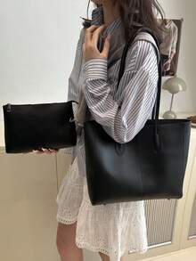 2件裝絎縫內裡女款托特包，大容量肩背斜背兩用包，磁吸扣設計，休閒街頭風，適合攝影與日常通勤 - 黑色 - 查看 2
