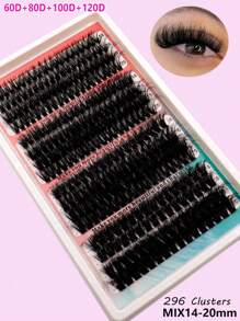 16 Peças Conjunto de Cílios Postiços em Cluster, 296 Peças/272 Peças Bandeja Mista de Cílios Enxertados Segmentados Fofos 80D/100D/120D/160D , Cílios DIY, Comprimentos Variados de 14-20mm