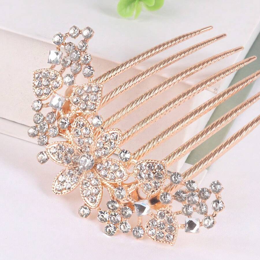 1pc Women 6-Petal Flower 7-Tooth Hair Clip Hair Comb Elegant Crystal Bangs Hair Ornament, Ancient Chinese Style Hair Accessory Combs For Hair Side Comb, School Stuff, Wedding, Bridesmaids Gifts, Looks Of Party, Hair Accessories, Head Accessories, Bridal Hair Accessory - Golden White Diamond - View 1