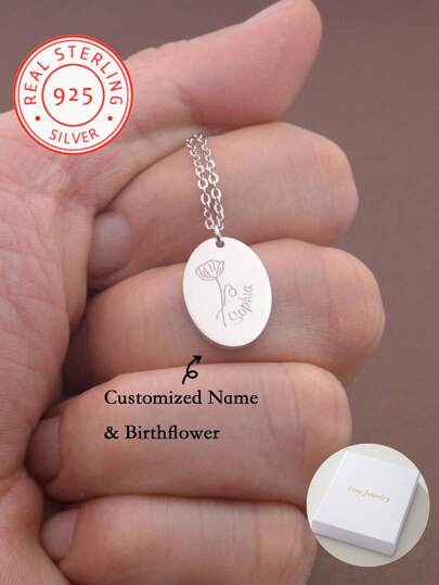 A 925 Sterling Silver Birth Flower Name Necklace-Stamped Birth Month Flower Necklace-Floral Pendant,Birthday Gift For Her, Mother's Day Gift/Girlfriend's Valentine's Day Surprise/Girlfriend's Wedding Anniversary Gift, Heart-Shaped Collarbone Chain For Women