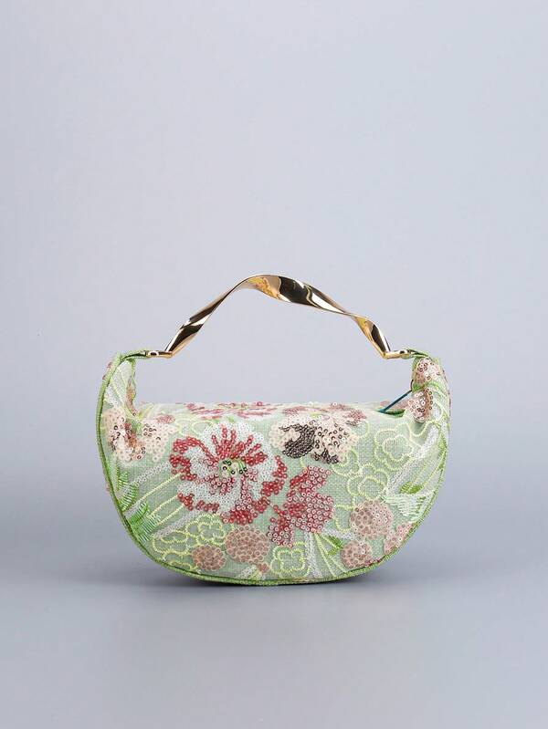 Bolsos de mano con diseño exquisito y exclusivo con lentejuelas de moda, bolsos de cena con bordado floral en bloques de color, y bolsos decorativos de medialuna con parches de lentejuelas y metal para uso manual. Adecuado para fiestas, vacaciones, citas, compras, bodas, regalos, días festivos y vida diaria. (La posición del estampado se recorta al azar).