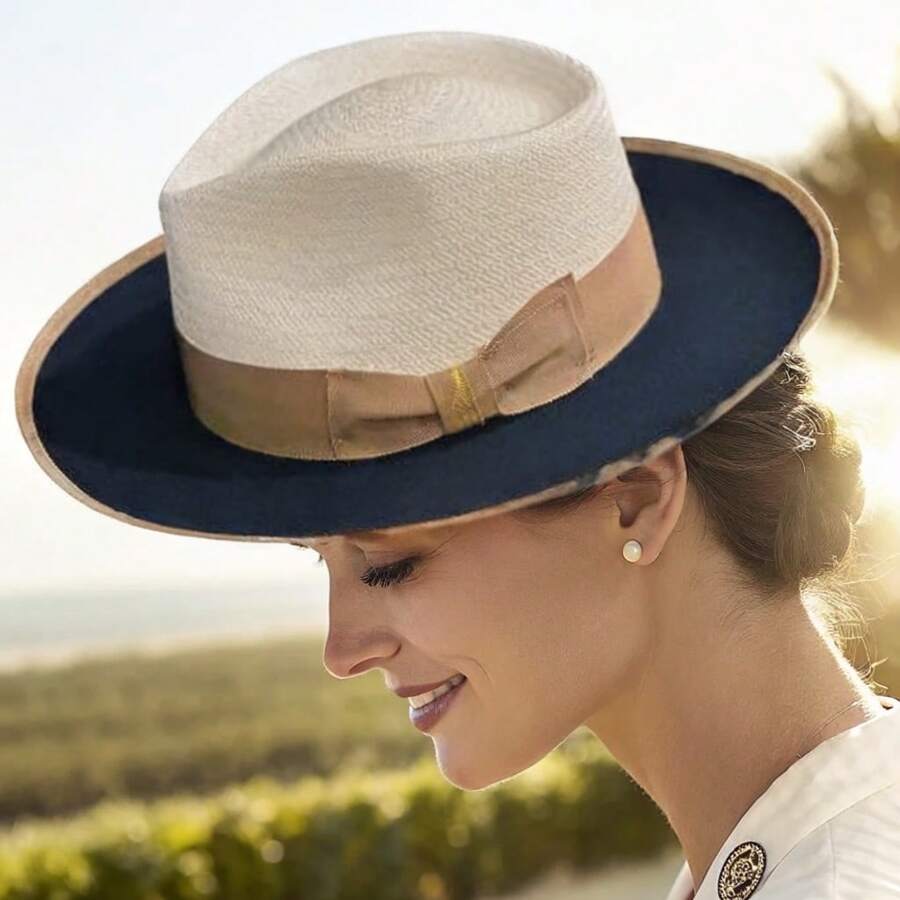 Mother's Day Gift, Spring And Autumn Style Black Wool Color Matching Bow Felt Hat, Banquet Vacation Sun Protection Dual Purpose, Green Mesh Curled Brim Sun Hat, Travel Beach Sun Hat