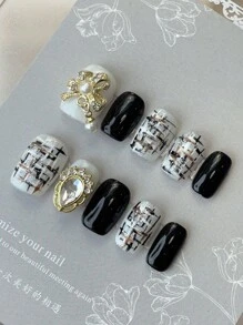 10 piezas de uñas postizas cortas, con texto personalizado y nombre personalizado, arte de uñas de verano, hermosas uñas falsas, hazlo tú mismo, patrón de tartán con lazo dorado, uñas doradas, negras, suministros de uñas reutilizables para niñas, señoras en bodas, fiestas, vacaciones, regalo de un juego de kit de uñas
