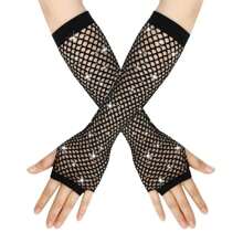 1 Paar sexy lange Strass-Handschuhe, elastische Fischnetz Halbfinger Cut Out ausgearbeitete Handschuhe für Auftritte