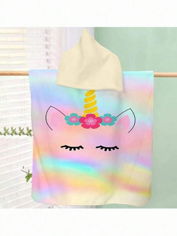 1pc Multicolored Unicorn Print Hooded Cloak, Wearable & Absorbent Beach Blanket, Highly Soft Polyester Fabric, Quick Drying, Sand-Free, Ideal For Travel, Swimming, Park, Sun Protection, Outdoor, Beach, Pool, Perfect Holiday Essentials Providing Ultimate Comfort