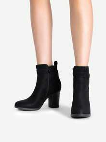 Women's Chunky High Heel Ankle Boots Round Toe Fall Short Booties Shoes - Black Suede - View 5
