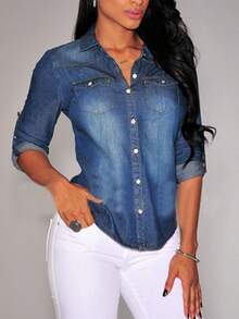 Women Retro Blue Denim Shirts Adjustable Long Sleeve Stand-Up Collar Single-Breasted Blouse Spring Fall  Slim Tops - Blue - View 1