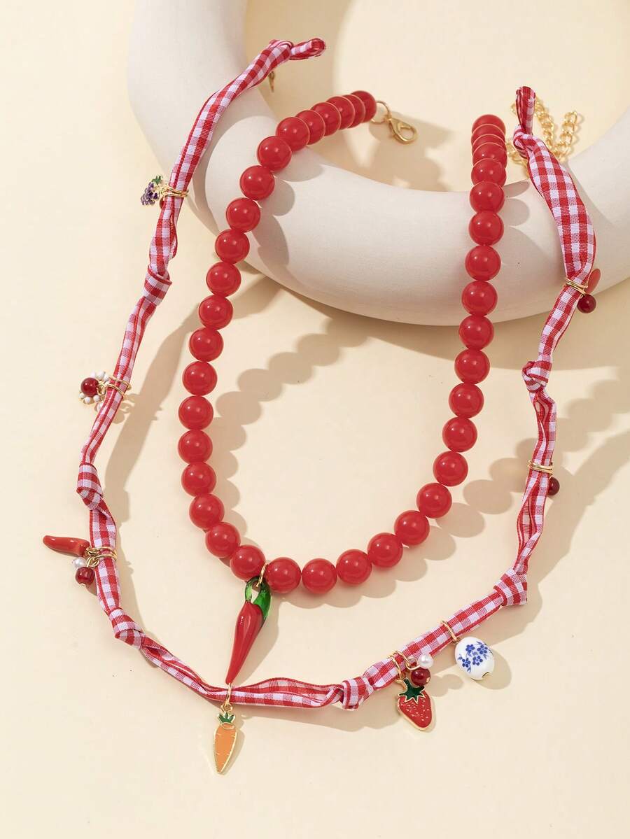 1 件女士红色塑料水果项链套装，适合日常佩戴