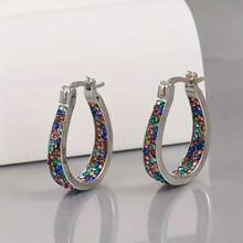 Luxury Inlaid Colored Cubic Zirconia Hoop Earrings For Women Exquisite Fashion Silver Color Party Engagement-Silver Plated Oval Shape Hoop Earrings For Women,Statement Jewelry 1.2 Inch - 彩色 - 查看 8