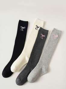 2 Pairs Girls Over The Knee Socks With Embroidery, Long Cotton Tube Socks For Lolita Style, Suitable For Spring, Autumn & Winter