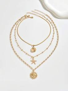 3 件套夏季海滩度假海星太阳吊坠项链，时尚金属金色女式珠宝链，适合日常佩戴、海滩旅行、约会、拍照 - 彩色 - 查看 3