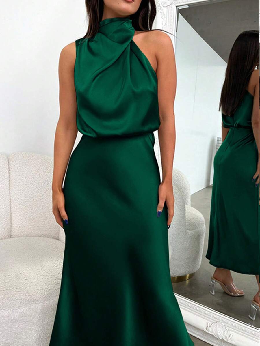 Vestido de satén sin mangas para mujer, vestido de fiesta elegante de seda plisada para cóctel, vestido de verano para club, fiesta y boda como invitada