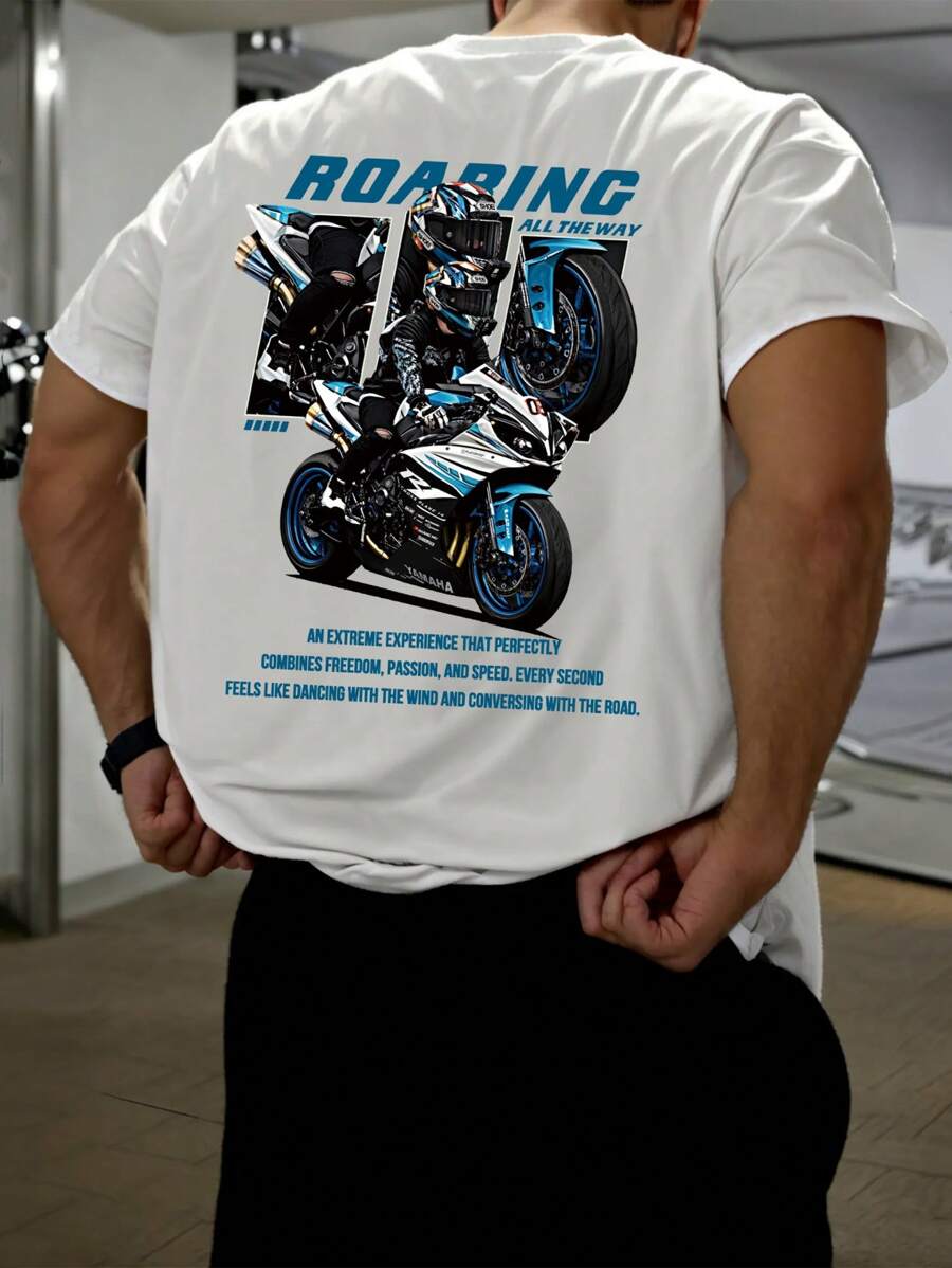 Men's New Summer Sports And Leisure T-Shirt, Featuring A Rapid Roaring Motorcycle Pattern Print, Lightweight And Comfortable T-Shirt, Suitable For Outdoor Racing T-Shirt