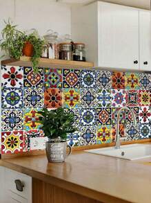 33pcs/Set Bohemian Floral Wall Stickers & Mural, 4x4 Inch Matte Ceramic Tile Decals, Floral Theme Peel And Stick, For Kitchen Backsplash, Bathroom, Fireplace Decor, Multi-Surface, Single Use Room Decor Wall Decor