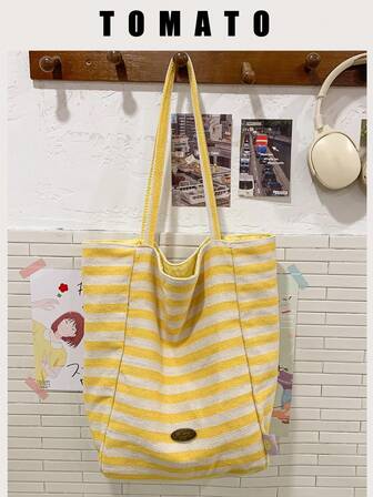 1件条纹超大托特包，春夏新款休闲百搭通勤包，时尚轻便单肩包适合日常出游