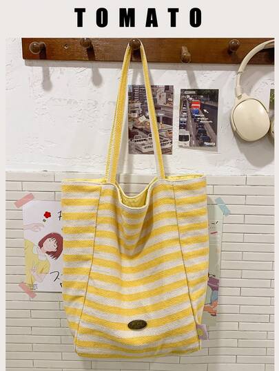 1件条纹超大托特包，春夏新款休闲百搭通勤包，时尚轻便单肩包适合日常出游