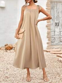 Women's Minimalist Solid Color Tie Shoulder Mid-Length Dress, Summer