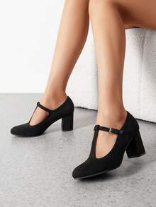 Women's  Low Chunky Heels T-Strap Mary Jane Pumps Comfortable Elegant Casual Sexy Party Wedding Dress Shoes - 黑色 - 查看 2