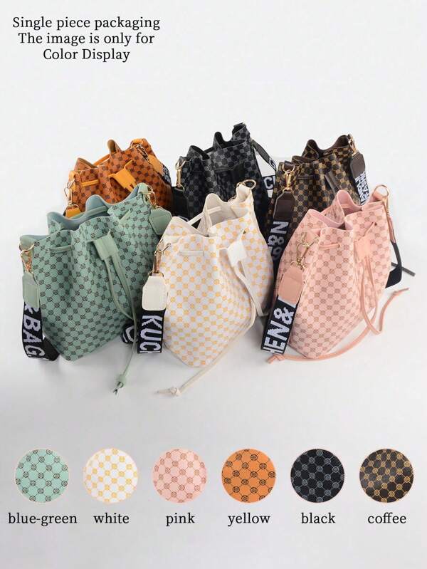 Nueva bolsa tipo cubo con cordón y estampado floral vintage, bolsa versátil de hombro y cruzada para mujer 2025, de gran capacidad, con correa ancha y duradera de piel de PU, regalo para mujeres (todas las letras de la cinta son aleatorias)