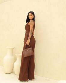 Long Wrap Jumpsuit With V-Neckline - Rust Brown - View 2