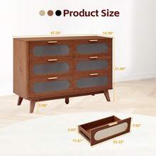 6 Drawers Dresser For Bedroom, 47'' Wide Retro Dresser With Acrylic Glass Design, Chest Of Drawers With Solid Wood Legs For Bedroom, Living Room (Walnut) - walnut - View 2