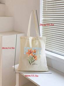 New Fashion Orange Floral Letter Print Multipurpose Tote Bag, Large Capacity Convenient For School, Campus, Library, Shopping, Travel, Outdoor, Casual