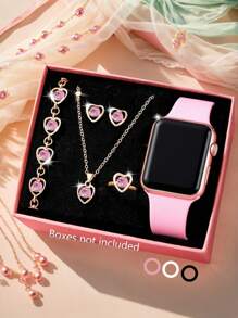 Relógio eletrônico quadrado com visor digital LED, clássico, romântico e elegante para meninas, 6/1 peça, adequado para meninas usarem, equipado com pulseira de joias, colar, anel, conjunto de brincos, adequado para estudantes, perfeito para o dia a dia, como escola, festas e viagens, muito adequado para presentear amigos, presentes de aniversário, temporada de formatura, é o presente perfeito para meninas