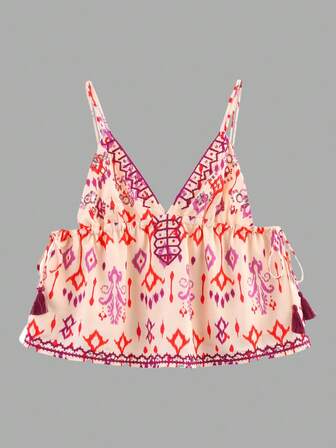 Women's Vacation Geometric Print Ruffle Strap Camisole Top, Summer