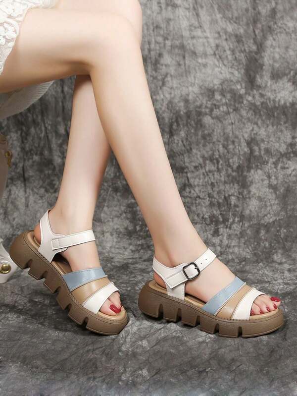 Sandale de damă cu platformă groasă, cu cataramă retro boemă, blocante de culoare, potrivite pentru a fi asortate cu rochii, sandale romane casual de vară noi, cu vârful deschis și cârlig.