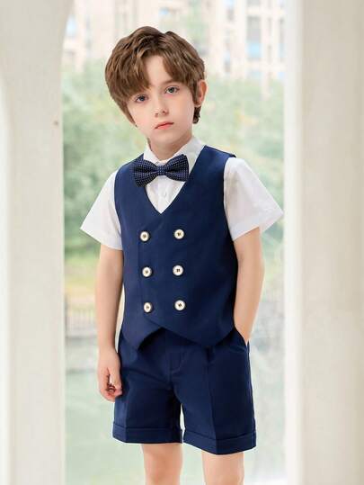 4 件套男童夏季套装 - 背心 + 短裤 + 短袖衬衫 + 领结，适合学校表演、婚礼花童、节日场合
