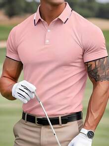 Men's Casual Business Polo Shirt, Short Sleeve, Turndown Collar, Summer - Pink - View 2