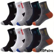 2/5/10 Pairs Men's Mid-Calf Athletic Socks - Breathable, Anti-Sweat, Moisture-Wicking, Knit Fabric, Solid Color Design, Stylish Graphic Socks For Sports And Casual Wear, Casual Athletic Socks - Multicolor - View 10