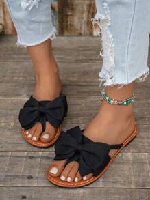 Women's Flat Bow Thong Sandals, Elegant And Comfortable Flat Casual Beach Slippers For Summer