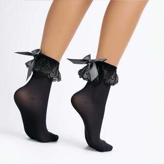 1 Pair Women's Sexy White Velvet 100D Lace Trim Short Socks With Bow Accent, Black & Red