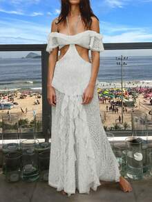 Sequin Patchwork Chiffon Off-Shoulder Sexy Short Sleeve Dress, Suitable For Wedding Guest, Birthday Party, Back To School Party - White - View 3